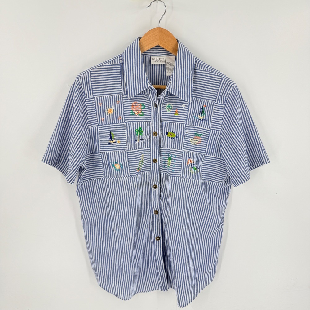 Vintage Beach Embroidered Koret Francisca Button Up Shirt Blue Small Nautical
